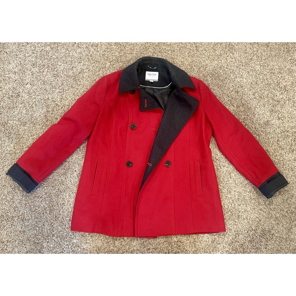 Nautica Womens XL Red Wool Blend Double Breasted Pea Coat Charcoal Grey Accent